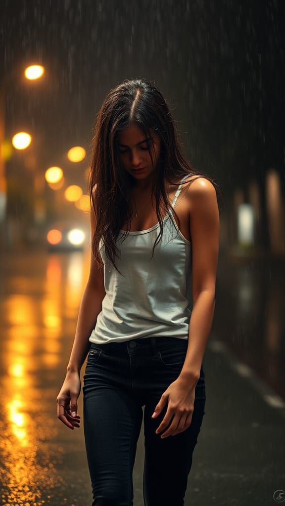 Girl Walks in Rain: Moody Cinematic Scene