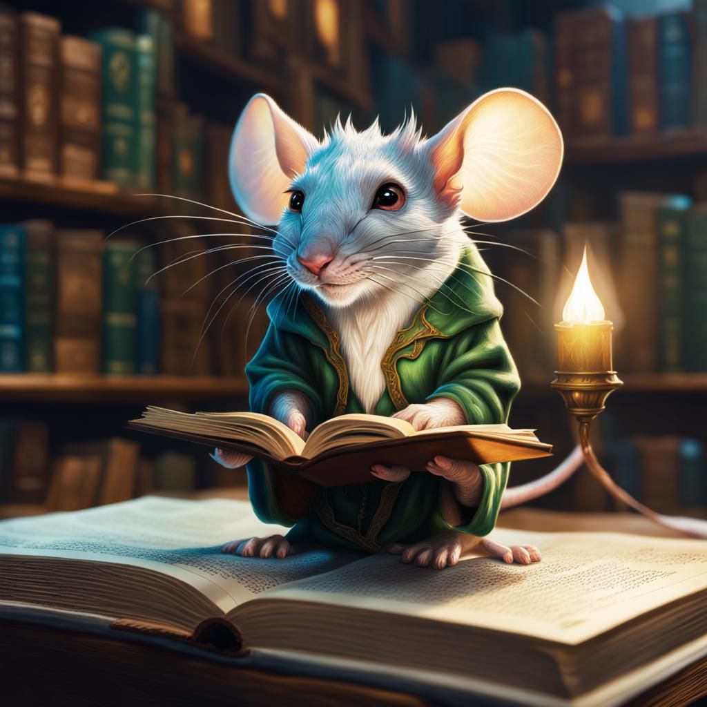 Elf Mouse Reads Manual in Fairy Library: Hyperrealistic Art