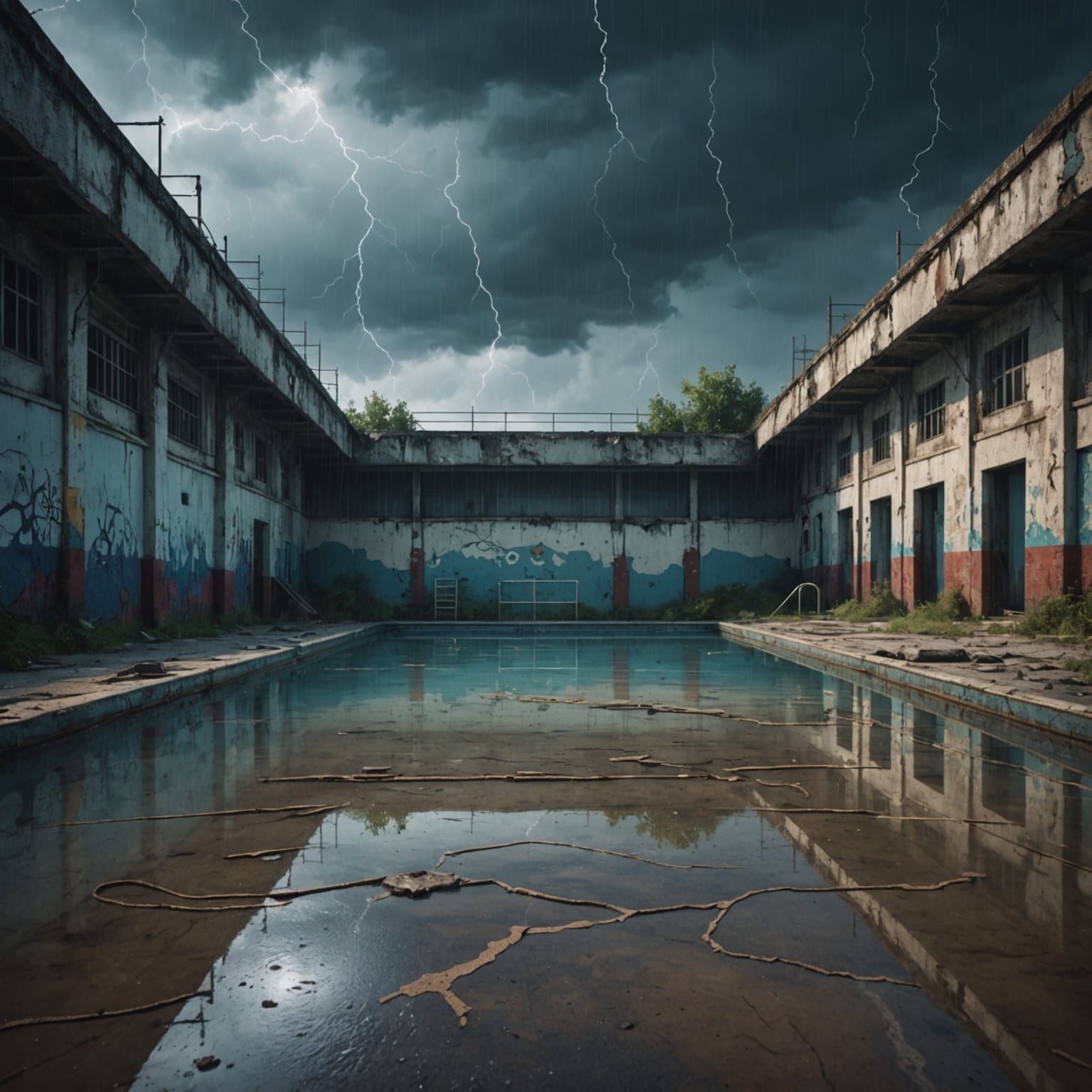 Thunderstorm at Abandoned Pool: Detailed Matte Painting