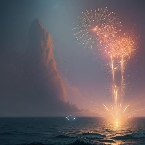 Sparkling Cat with Tulips, Ocean, and Fireworks