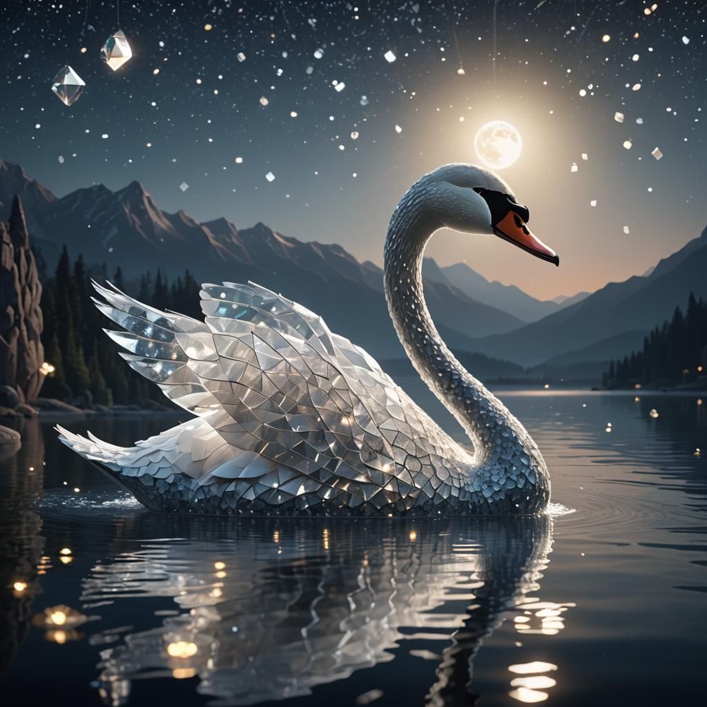 Geometric Crystal Swan Gliding on Lake at Night