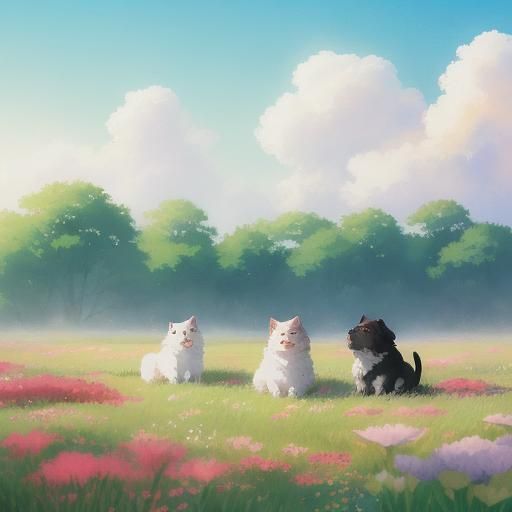 Puppies Playing in Watercolor Anime Style