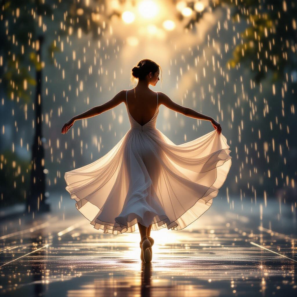 Ballerina Dancing in Rain with Sparkling Light