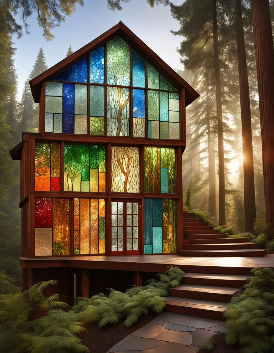 Polychromatic Recycled Glass Home in Redwood Forest