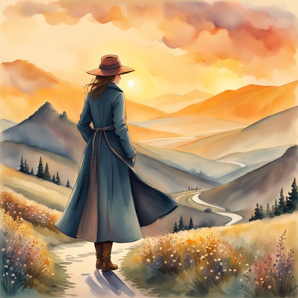 Whimsical Androgynous Figure on Mountain Path at Sunset