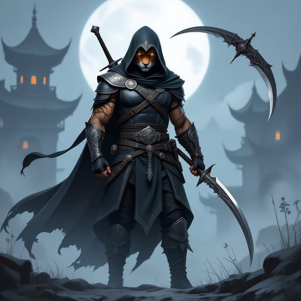 Mysterious Assassin with Tiger Features in Stealthy Attire