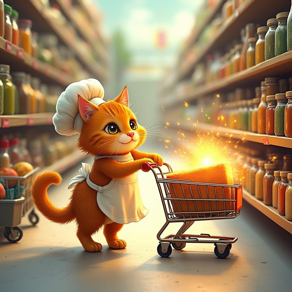 Whimsical Grocery Store Scene with Feline Chef