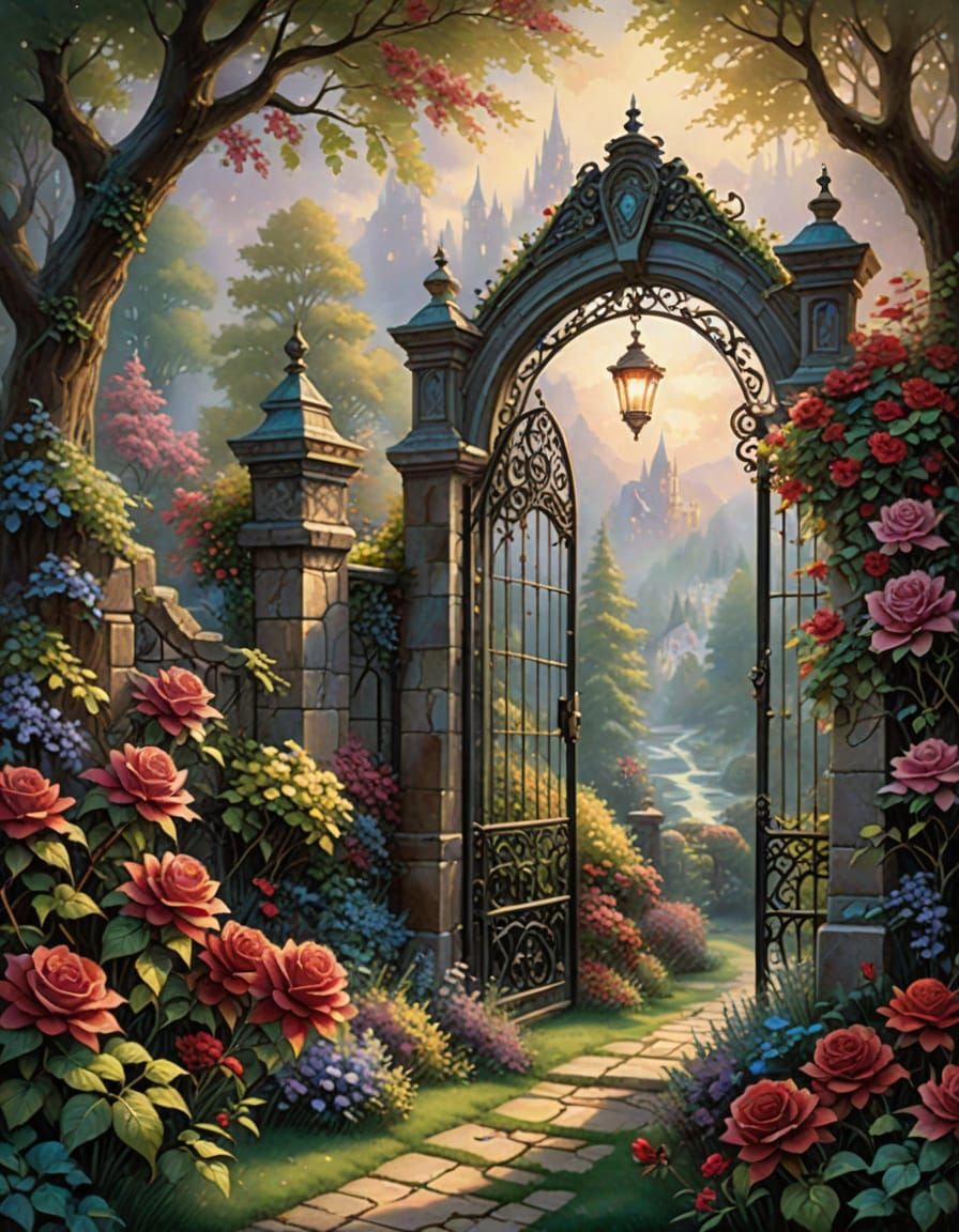 Ornate Iron Garden Gate with Roses, Stained Glass Style