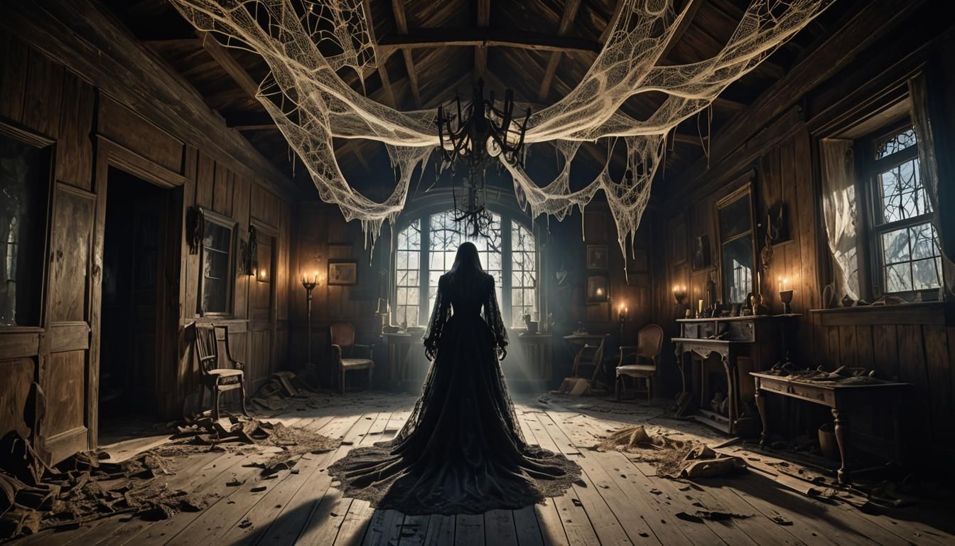 Ghostly Figure in Gothic Attic with Eerie Shadows