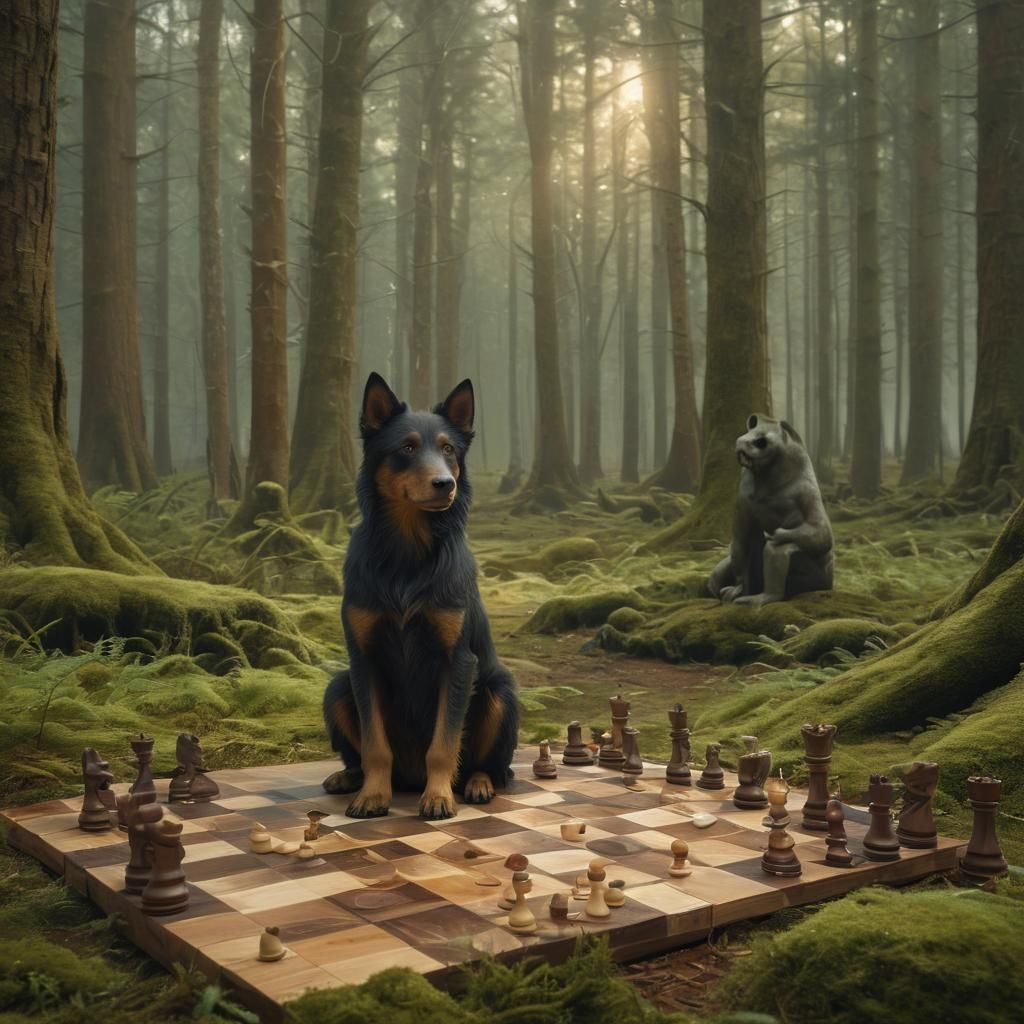Kelpie Dog and Bigfoot Chess Game in Forest