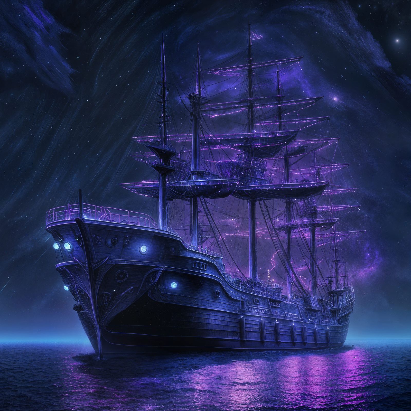 Mystical Warship Sailing Under a Neon Moon