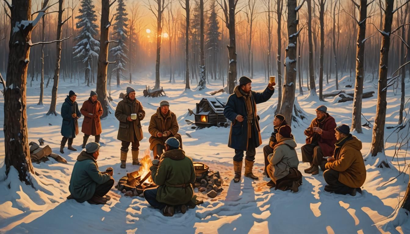 Kazakh Man Toasting Friends in Winter Landscape