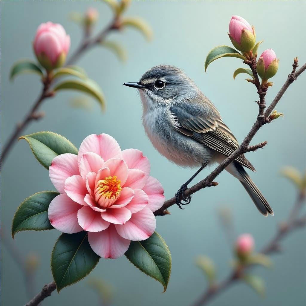Soft lovely blue gray gnat catcher bird on a branch with a camellia flower