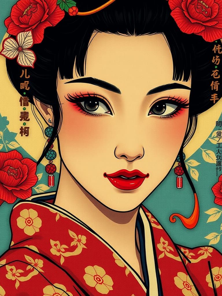 Ukiyo-e Portrait of a Beautiful Woman in Pop Art Style