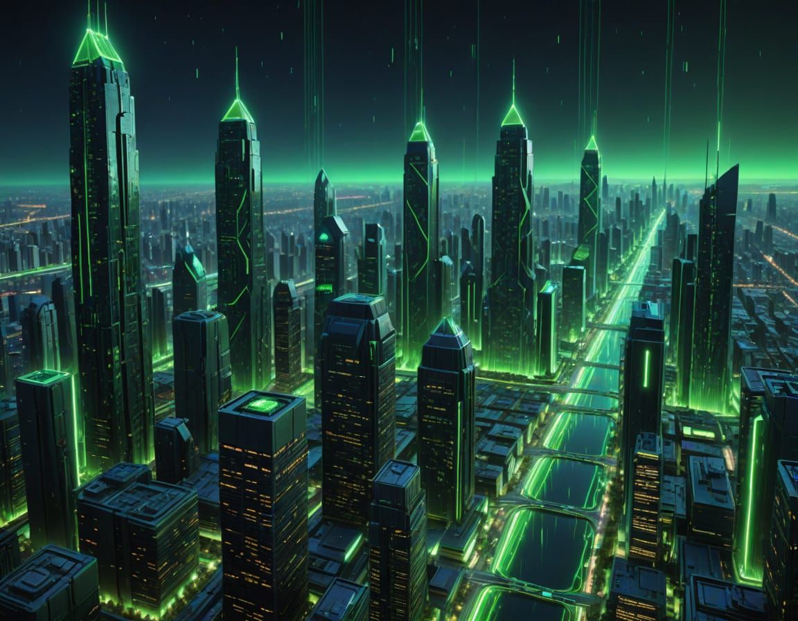 Futuristic Digital City of Green Computer Code