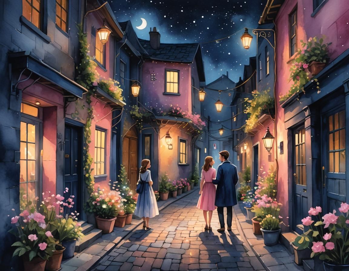 Romantic Alleyway Conversation under Starry Night Sky