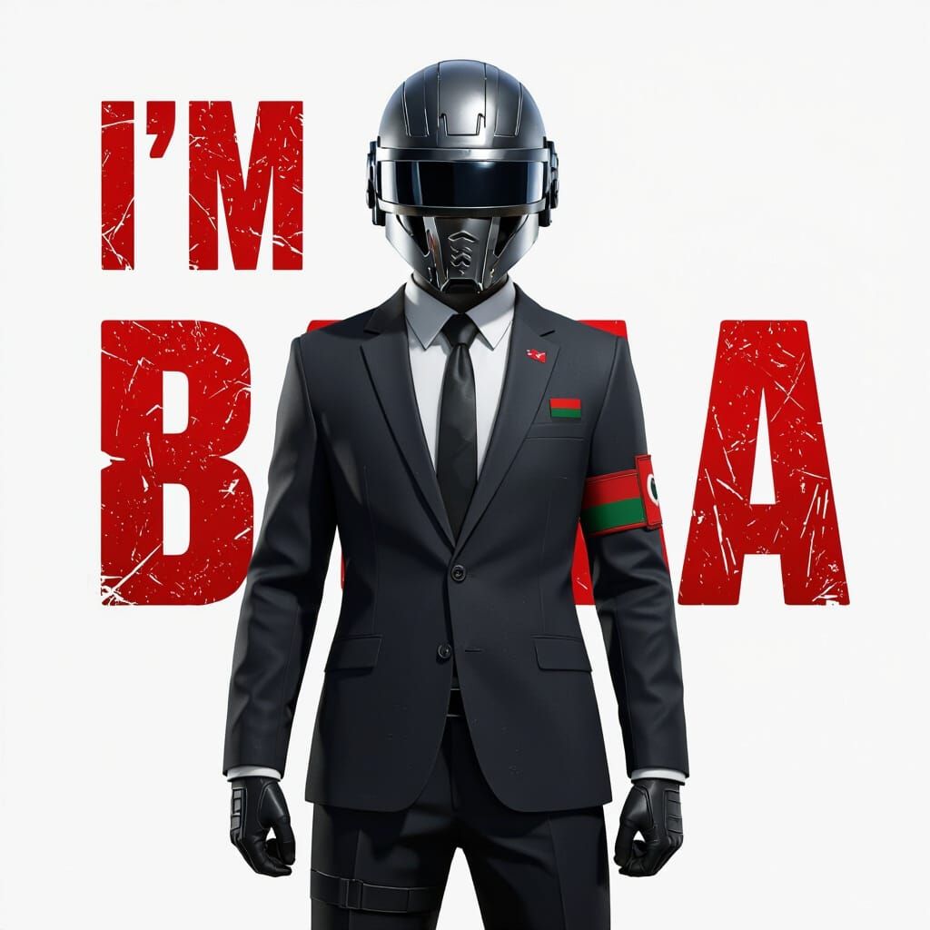 Cyberpunk Figure in Professional Suit with Sci-Fi Helmet