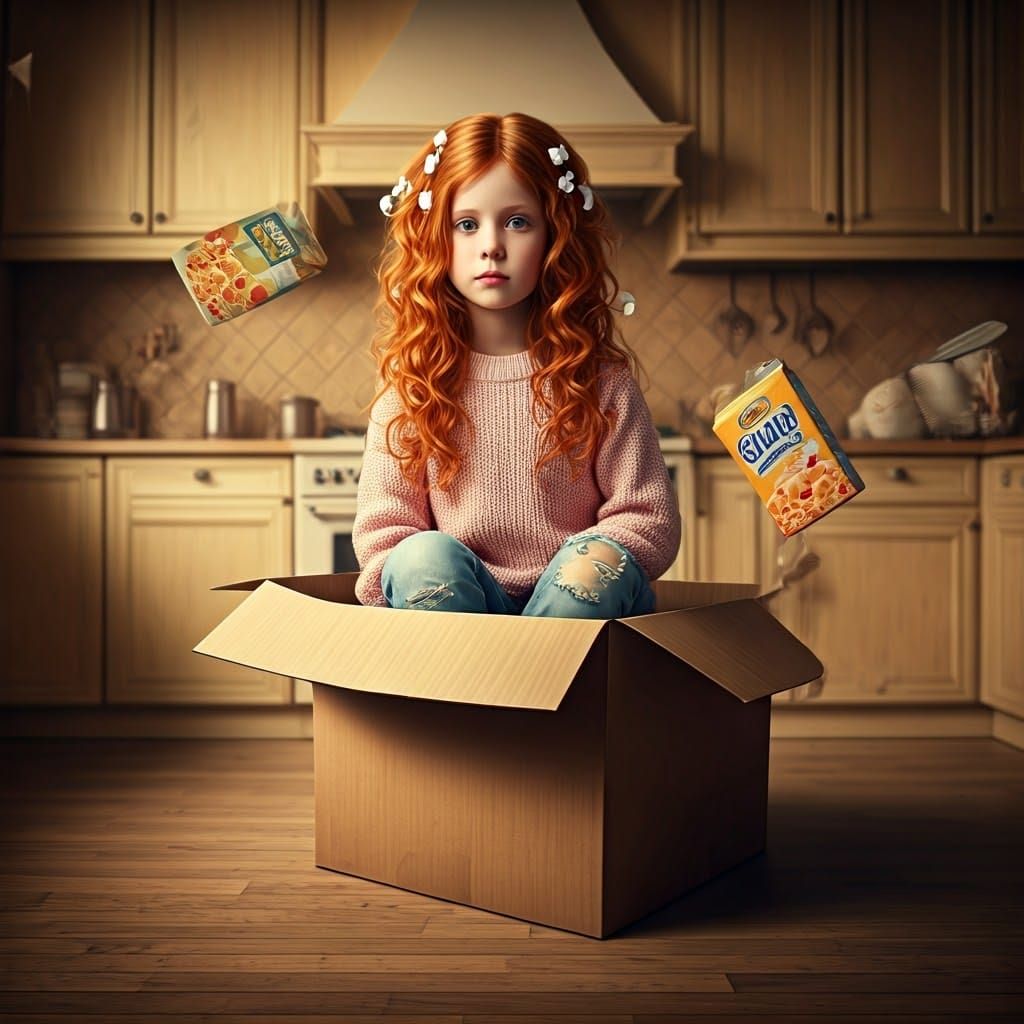 Girl in Floating Cardboard Box, Photorealistic Style