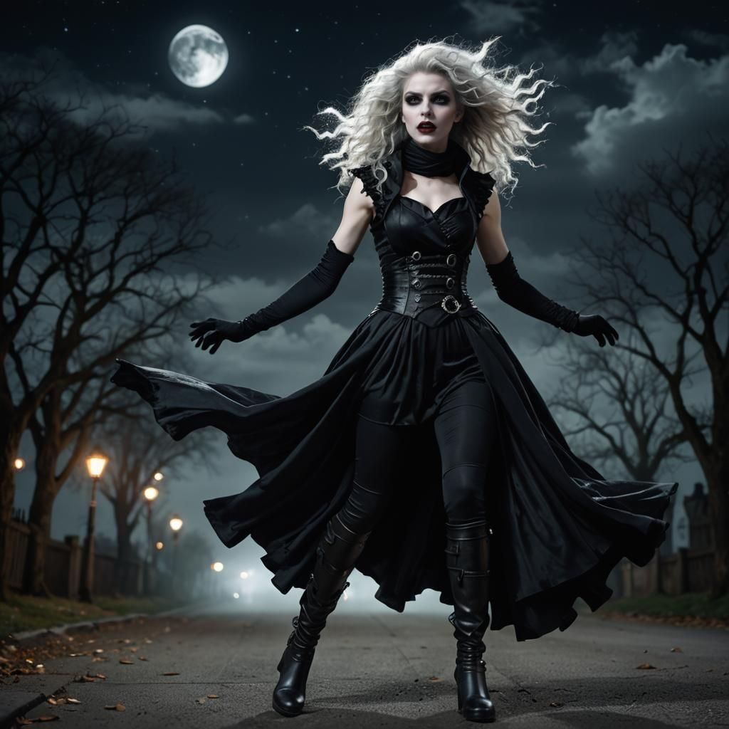 Goth Vampire Woman Flies at Night: Hyperrealistic Photograph...