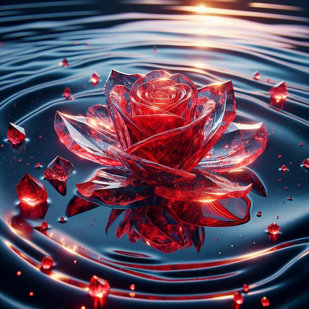 Crystal Red Rose Reflecting in Water: 3D Art