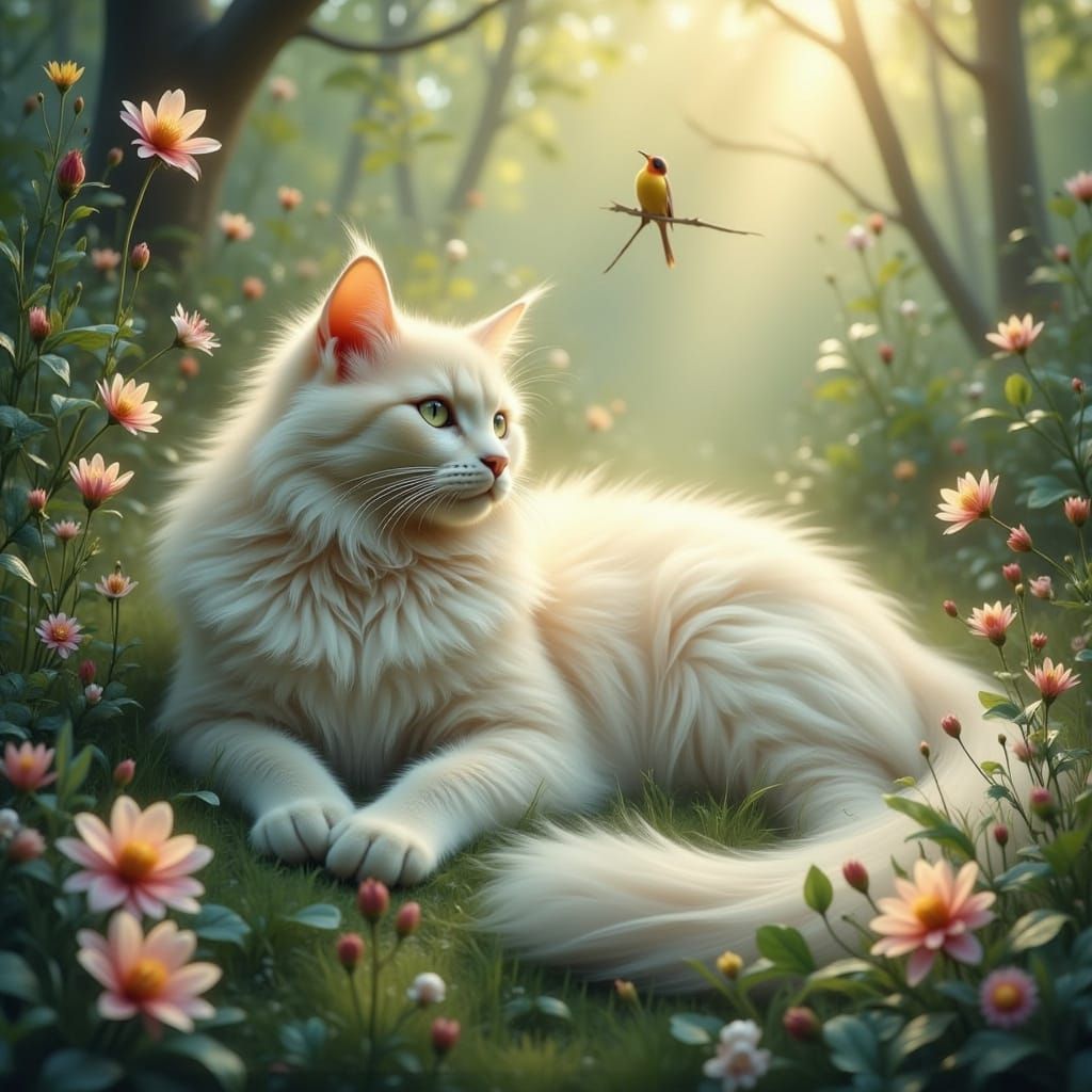 Magical Cat Watching Birds in Anime Style