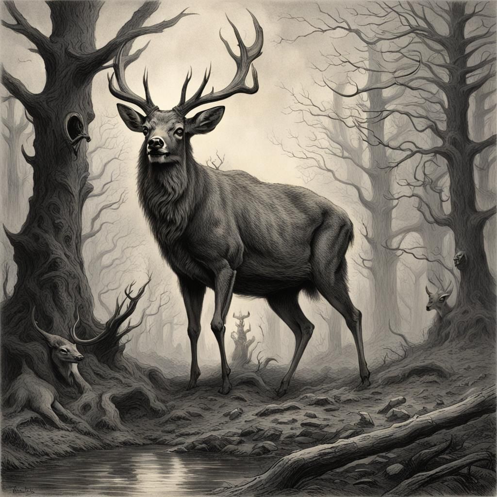 Horrifying Demonic Deer in Dark Engraving Style