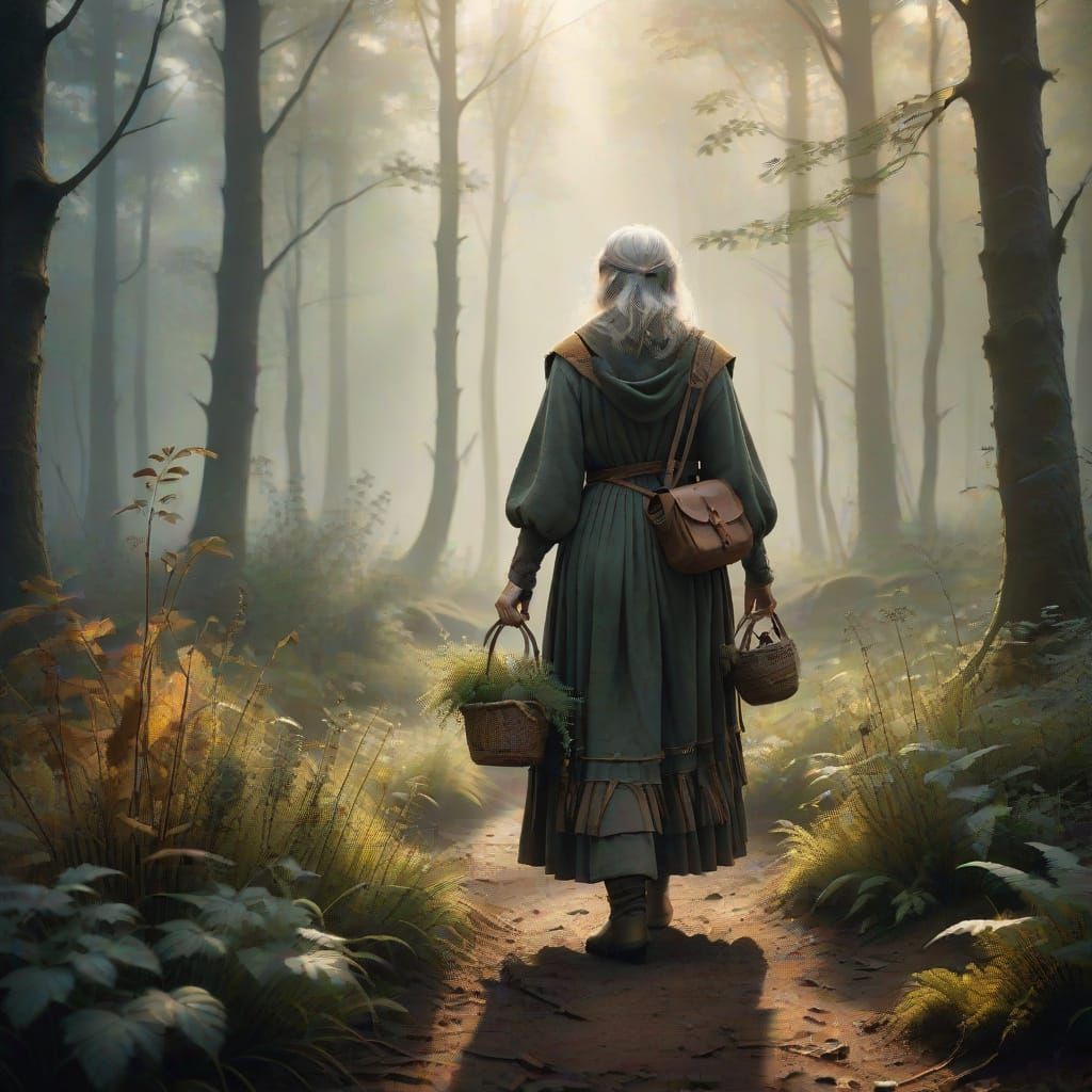 Medieval Woman Gatherer in a Misty Forest