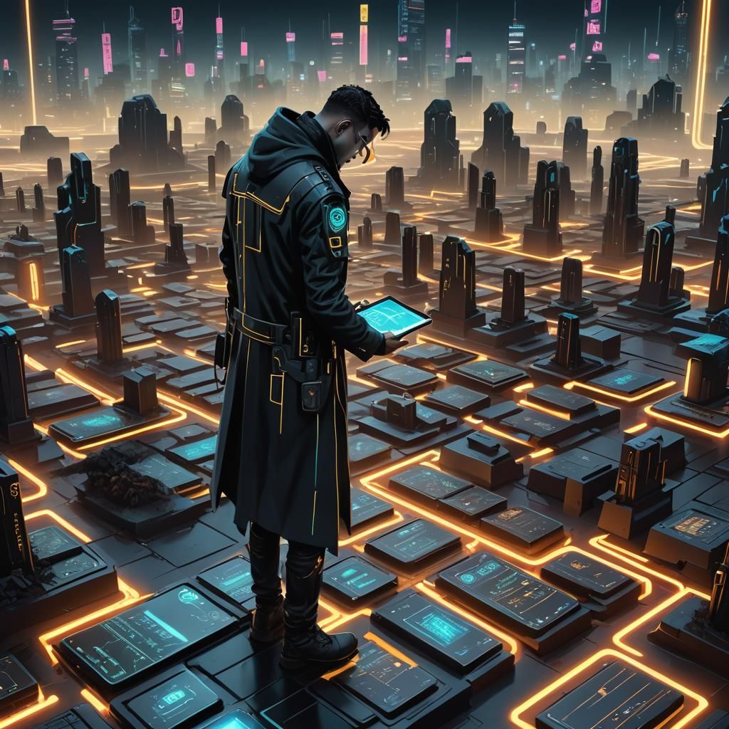 Cyberpunk Grave Marker Scene with Digital Tablet