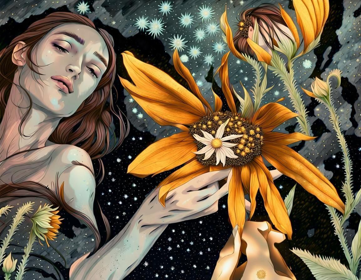 Gothic Flower in Black Ink with Starry Night