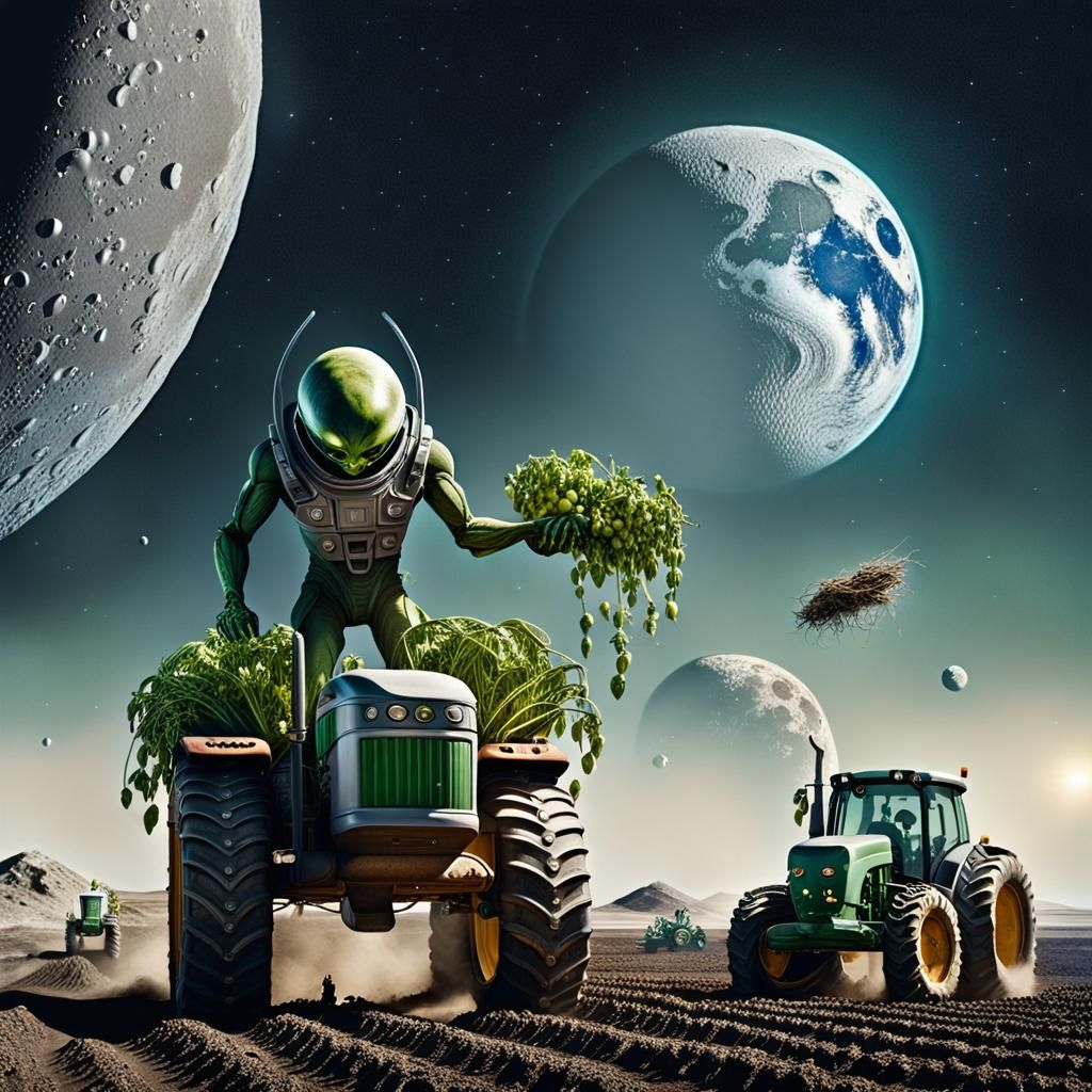 Alien Farmers Harvest Crops on the Moon