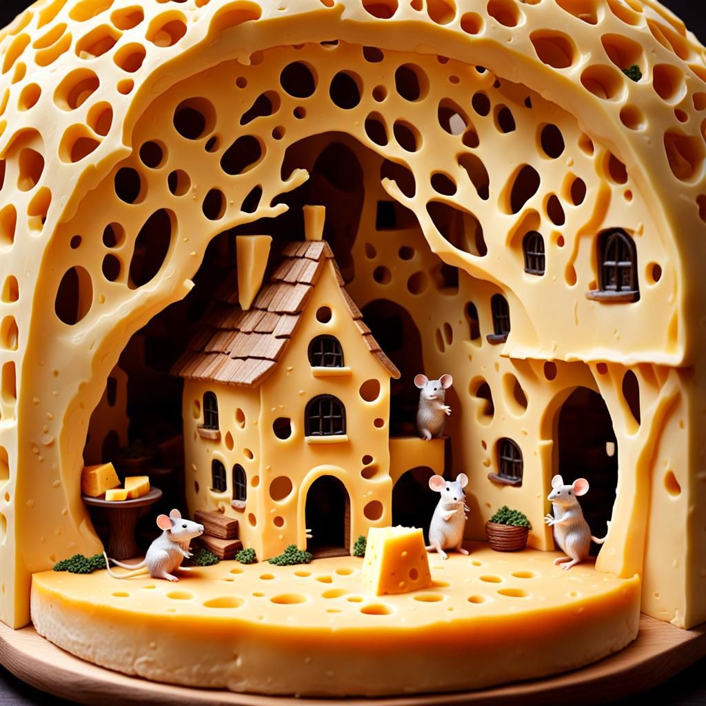 Intricate Cheese House with Mice