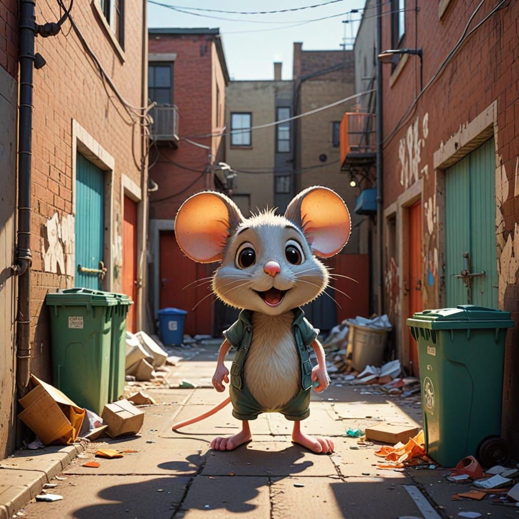 Vibrant Cartoon Scene of a Tidy Mouse in a Whimsical Alleywa...