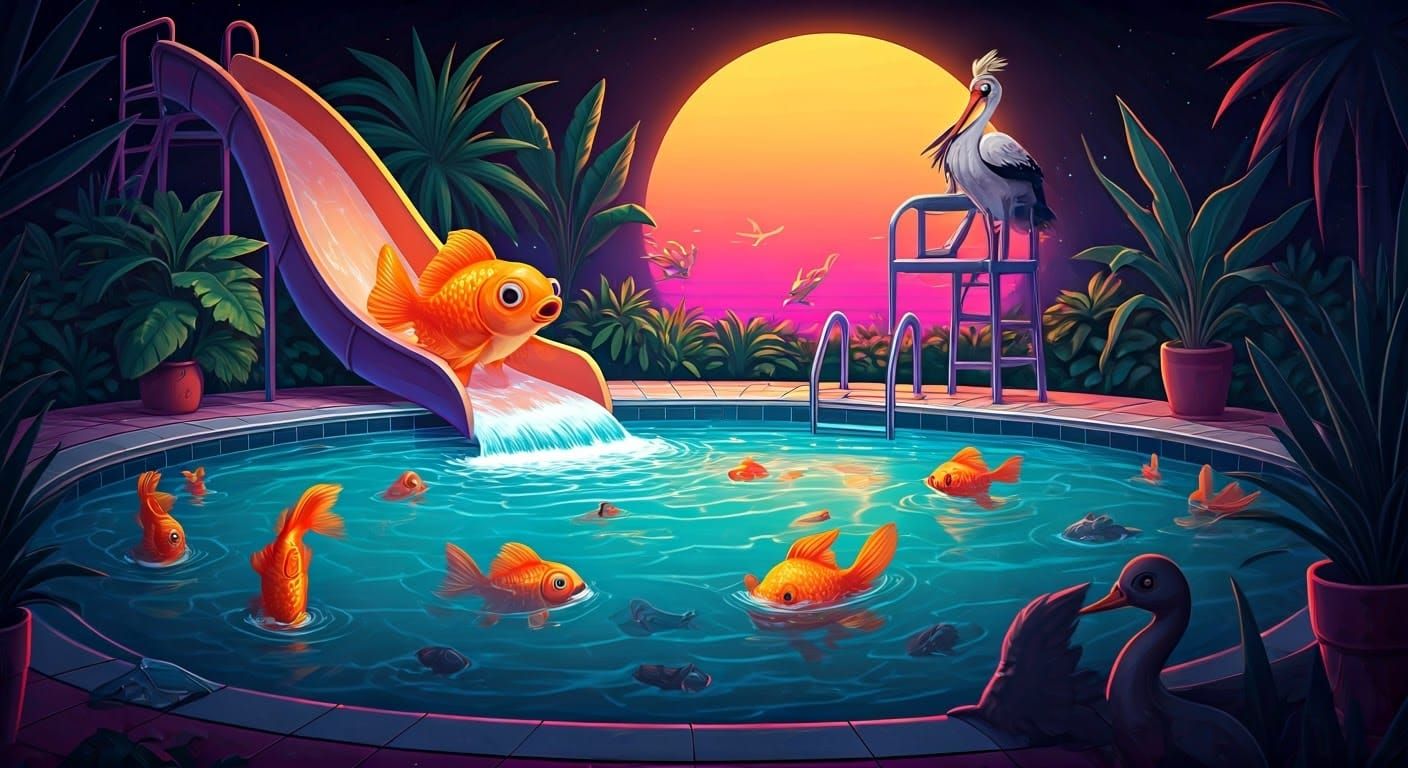 Synthwave Neon Retro Swimming Pool Party with Laughing Goldf...