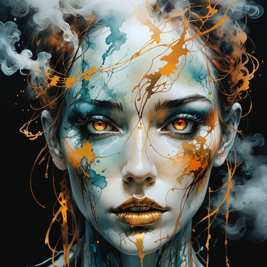 Girl's Face Amidst Intense Mist: Dark Fantasy Portrait
