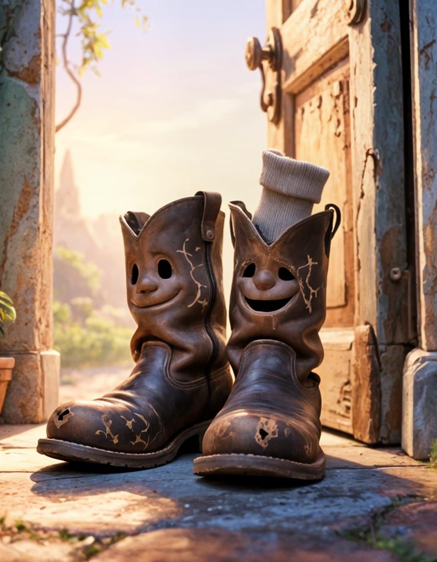 Old Boots with Faces by Doorway in Dawn Light