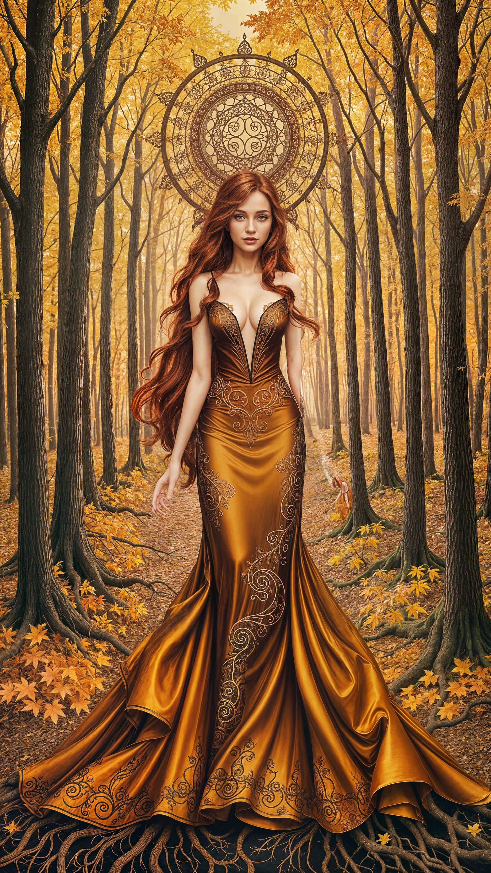 Woman in Bronze Gown in Autumn Forest, Art Nouveau Style