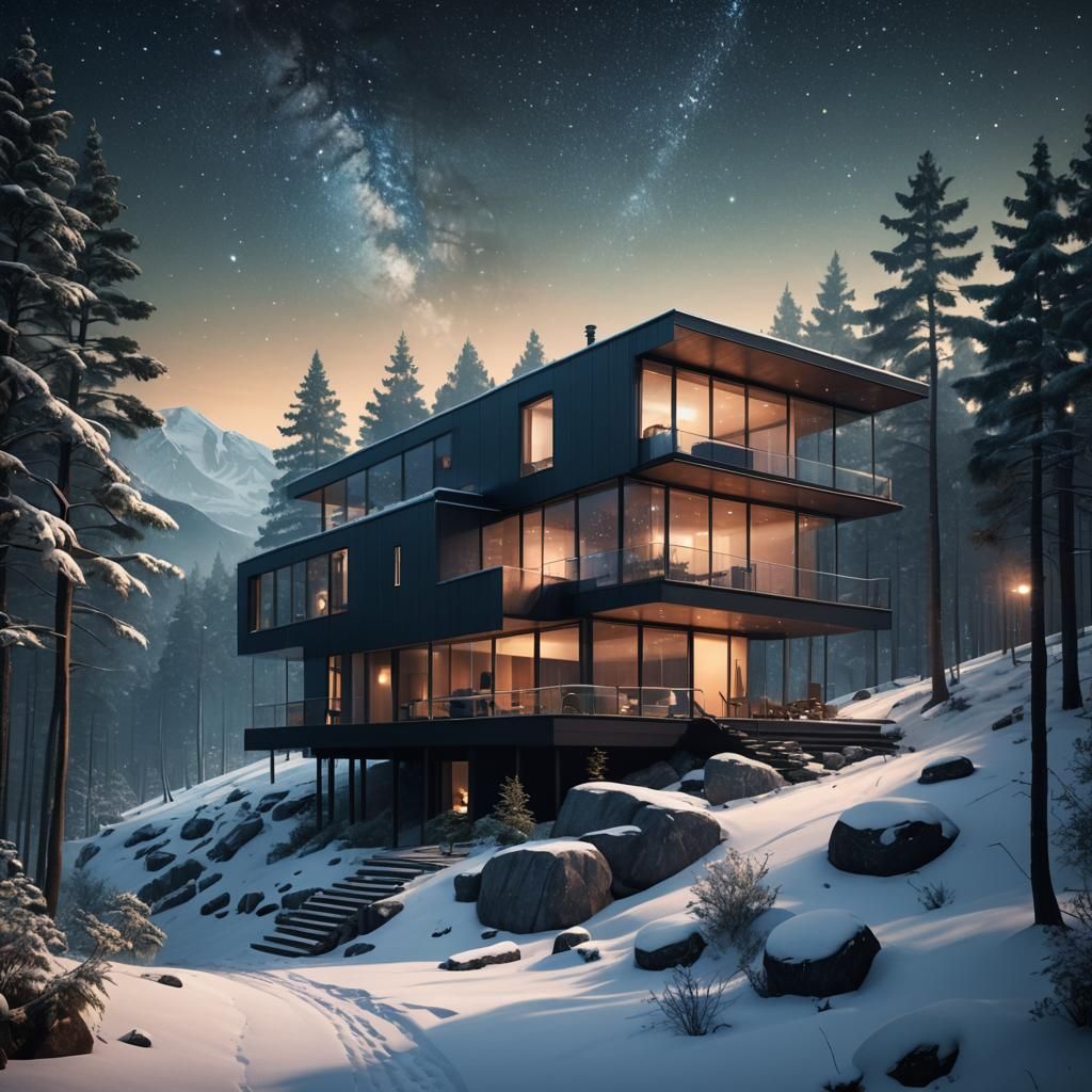 Minimalist Glass Cottage Under Starry Sky