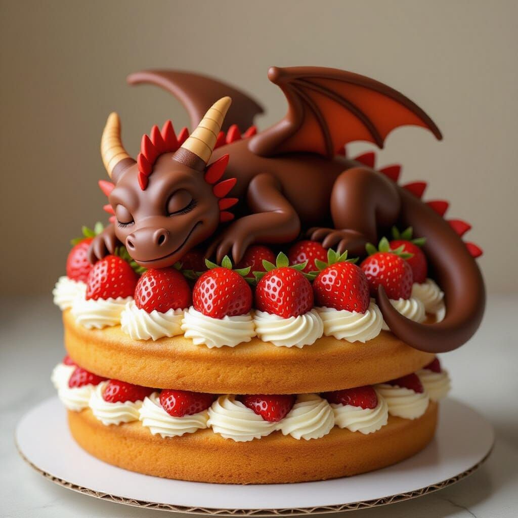 Chocolate Dragon Sleeps on Strawberry Vanilla Cake
