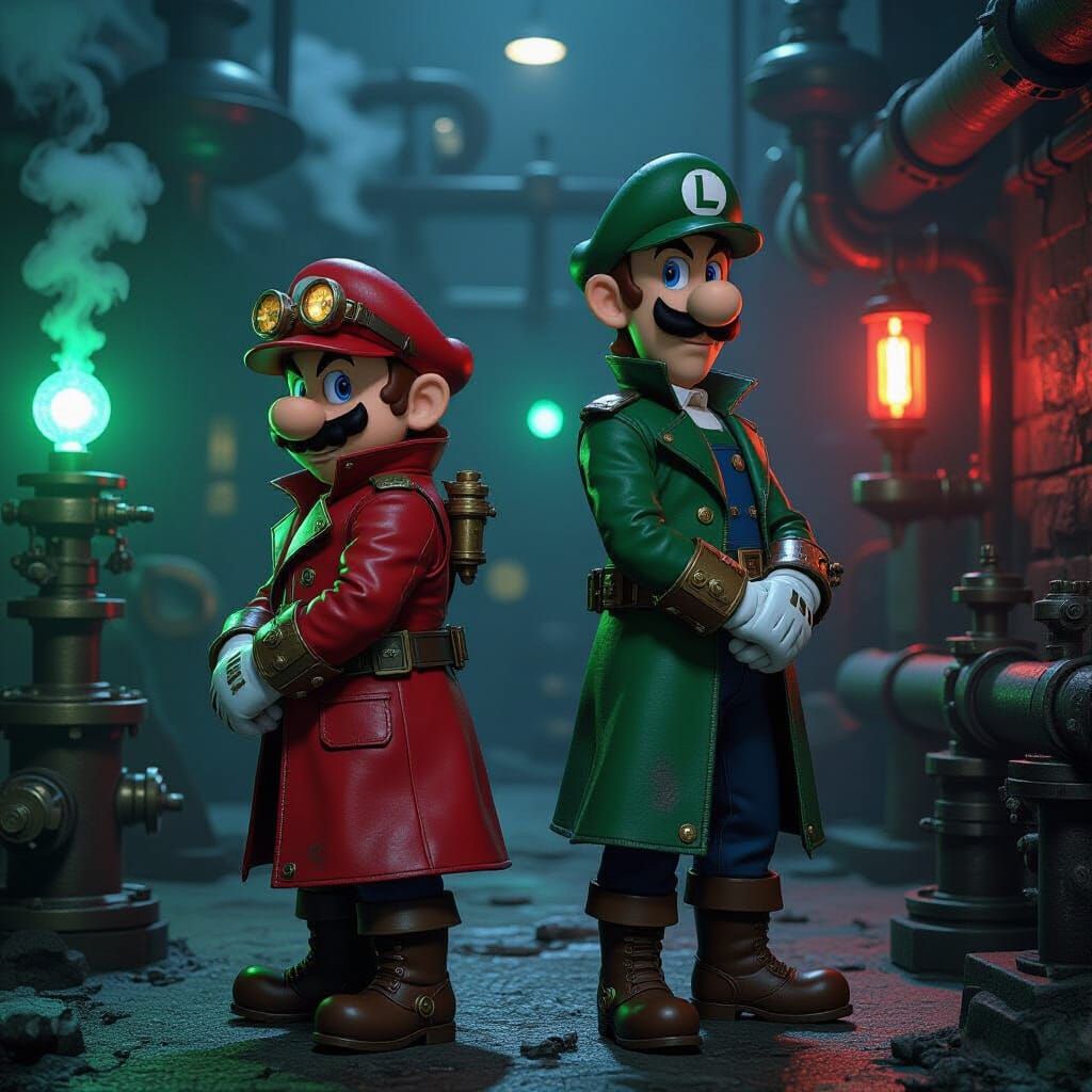 Steampunk Mario and Luigi in Industrial Mushroom Kingdom