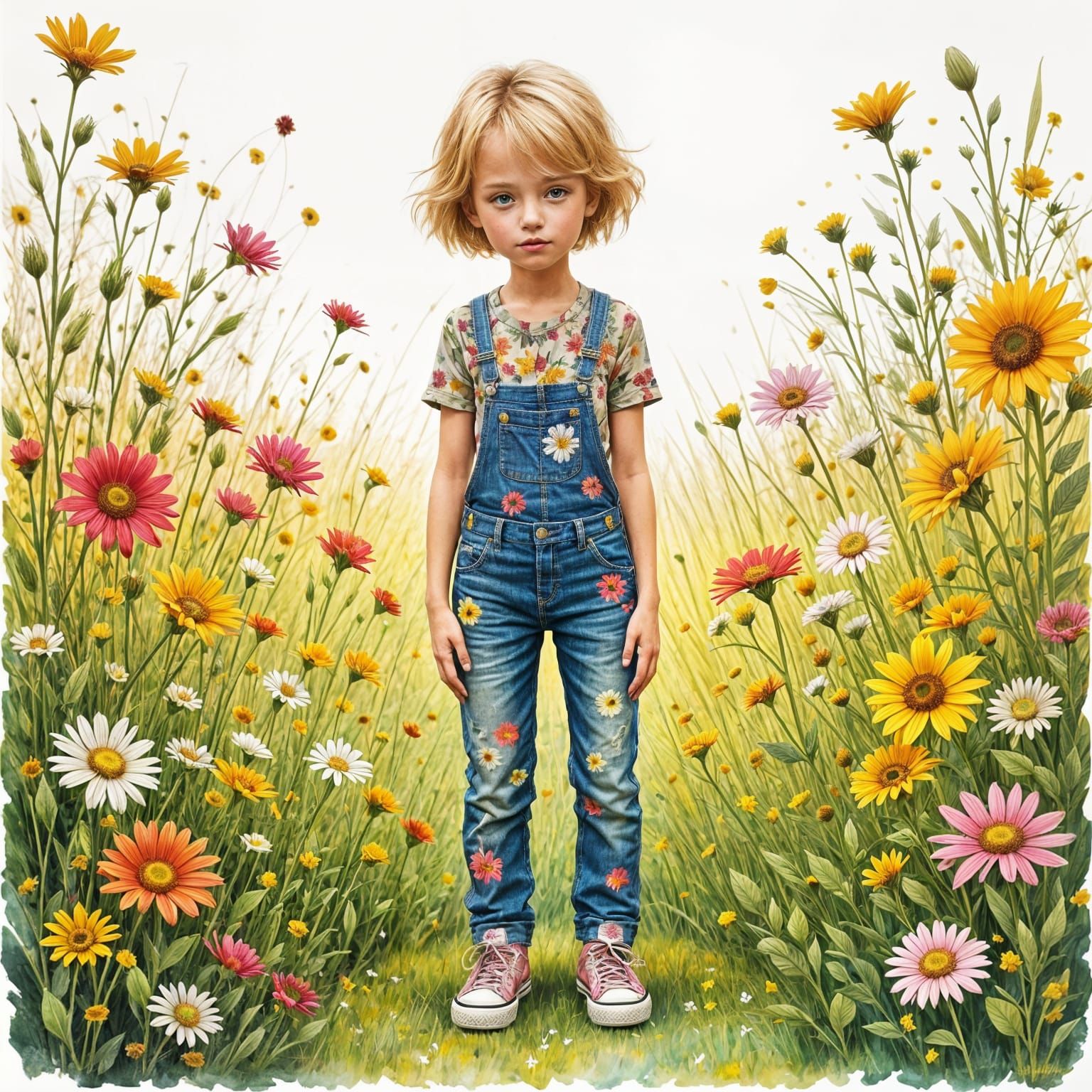 Girl in Floral Dungarees, Watercolor in Hippy Style