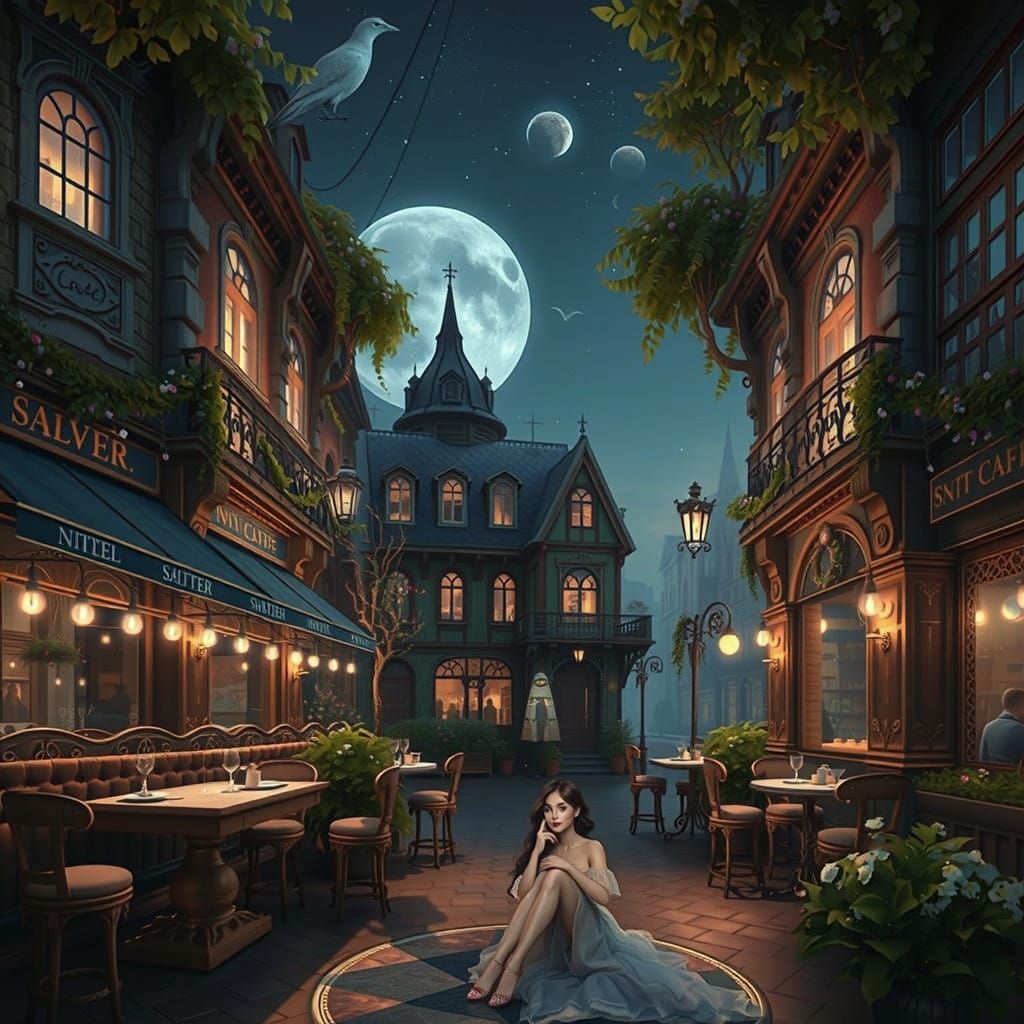 Elegant Woman at Night Cafe: A Whimsical Portrait in Evening...