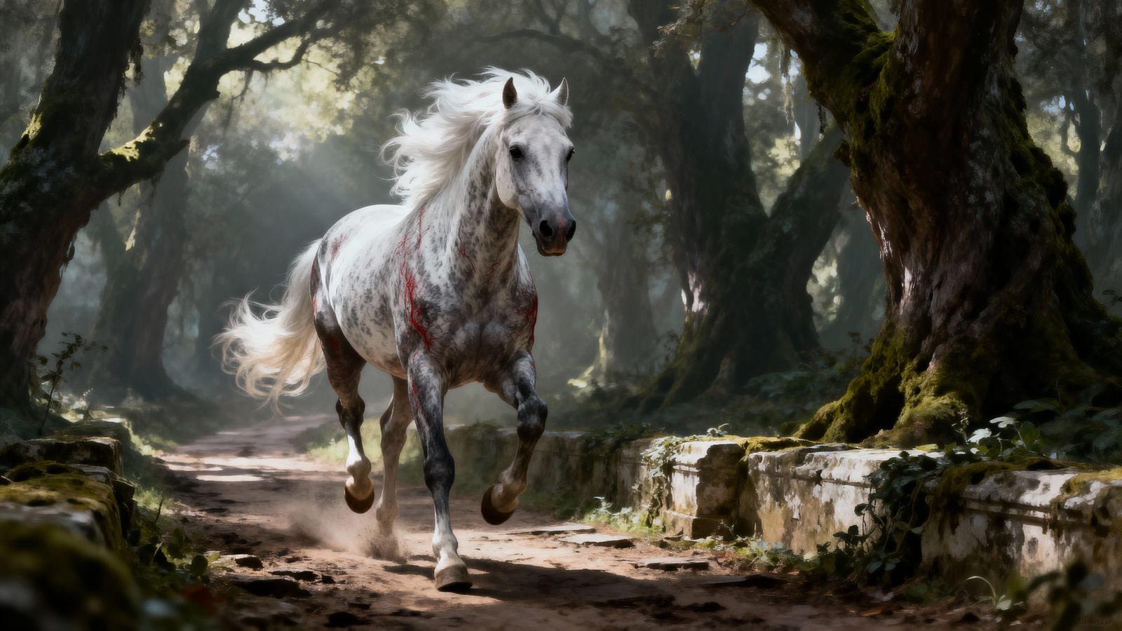 Photorealistic Roan Stallion Galloping in Ethereal Forest