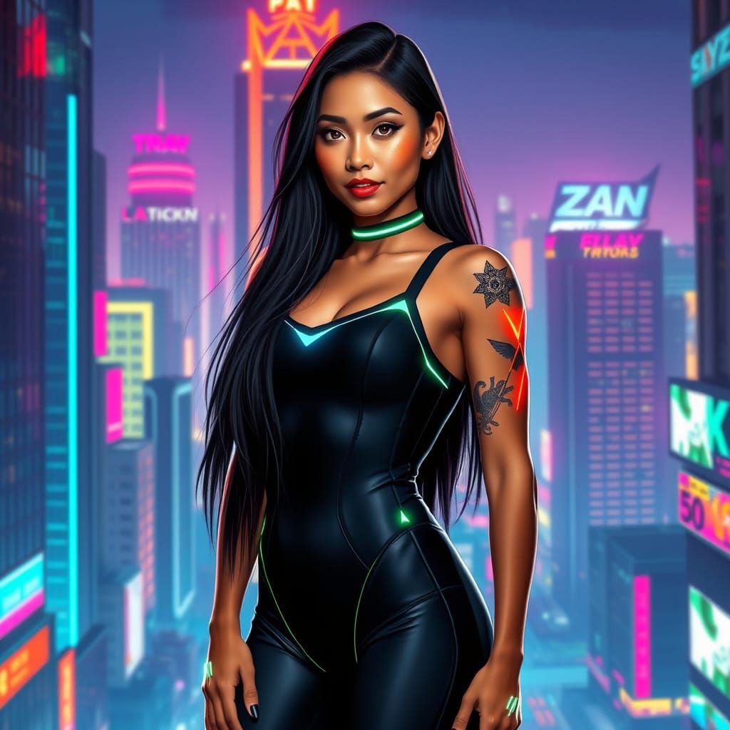 Glowing Indonesian City Goddess in Neon Attire