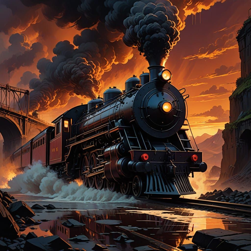 Epic Train Crossing a Turbulent River in a Dramatic Stormy S...