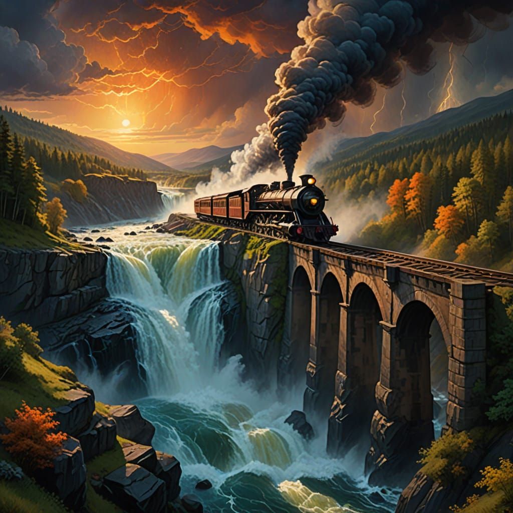 Rugged Victorian Locomotive on a Suspended Waterfall Bridge