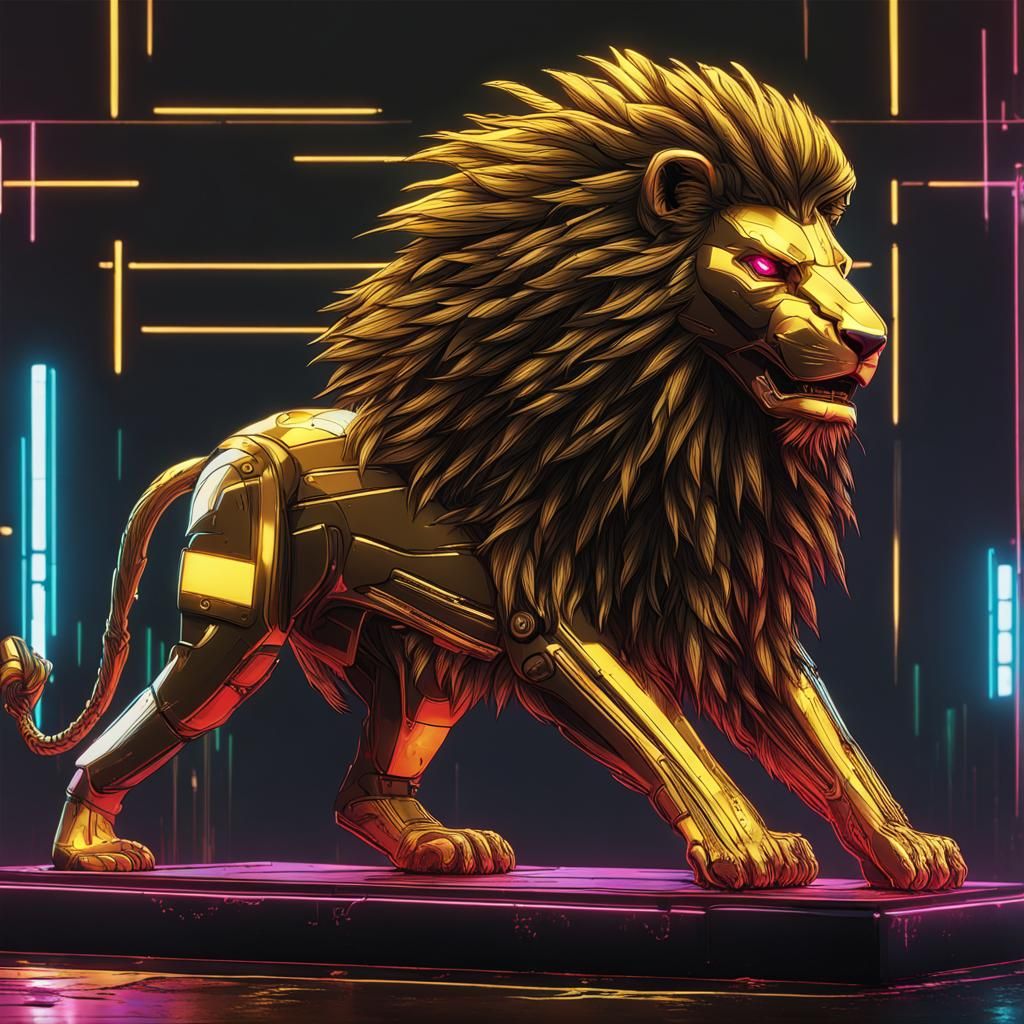 Cyberpunk Lion in Neon Cityscape