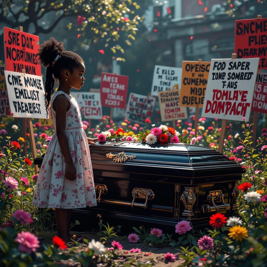 Black Girl Beside Coffin With Protest Signs