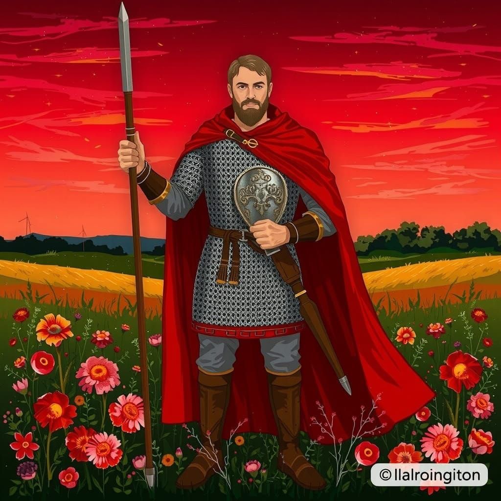 Medieval Russian Warrior in Chain Mail Stands Amidst a Vibra...