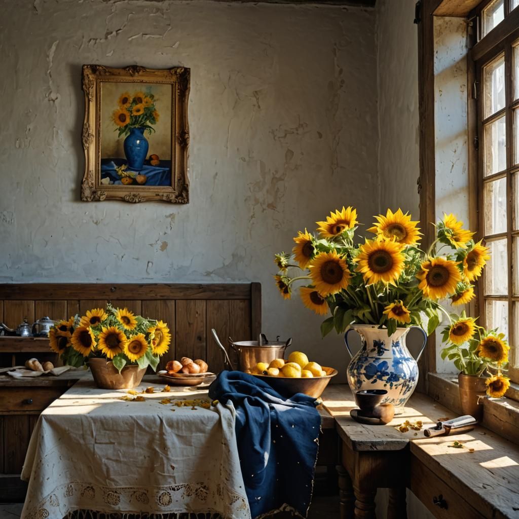 Sunflowers and Delft Blue Flowers Still Life