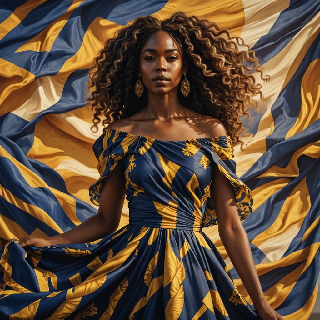 Barbados Flag Dress: Photorealistic Portrait of Black Woman